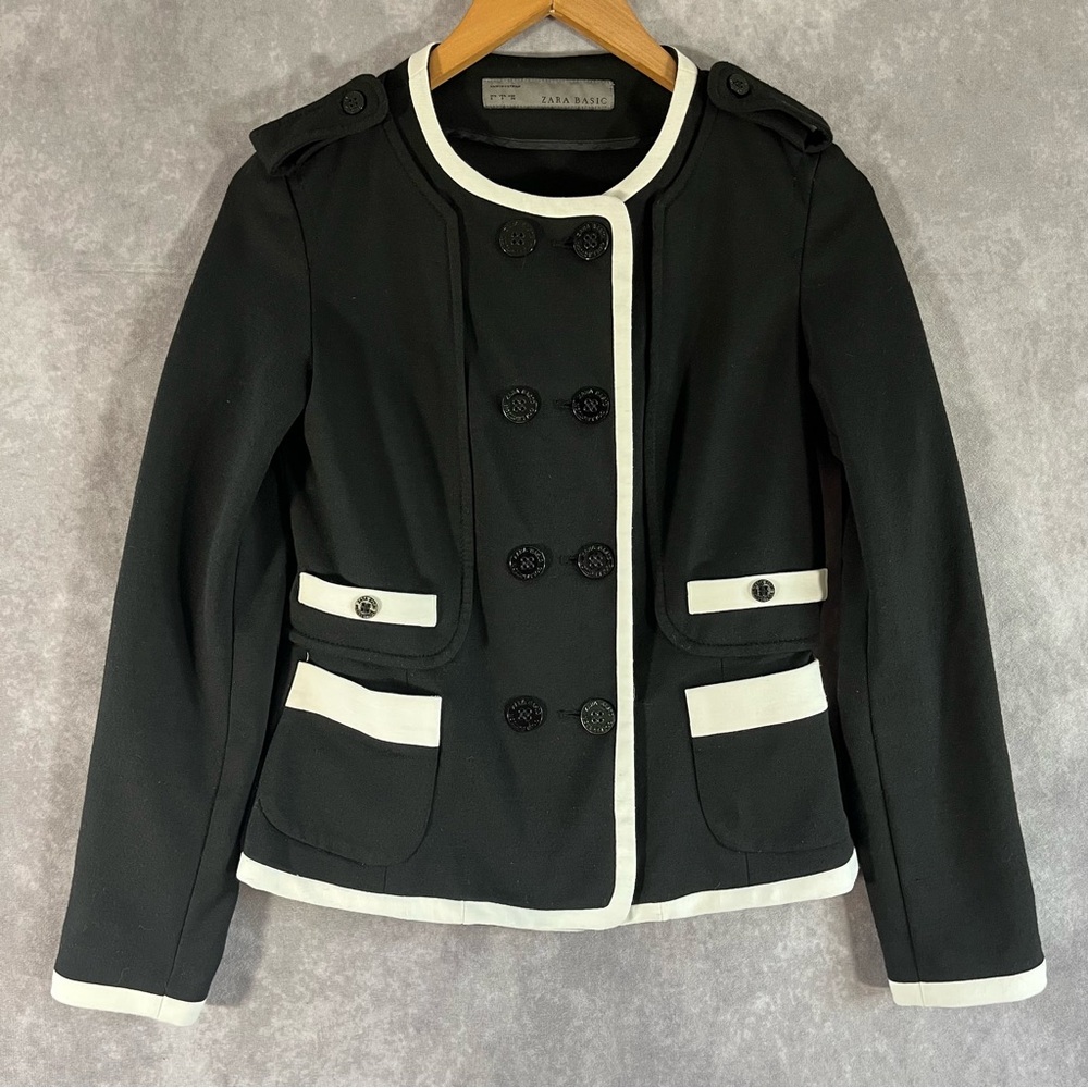 Zara Basic Military Blazer Women Small Black White Contrast Double Breast Jacket
